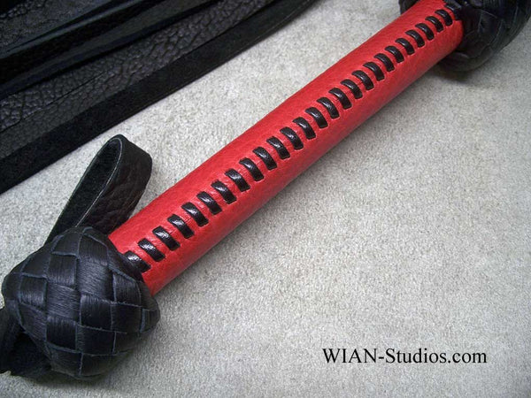 Black Buffalo Flogger, Red Bullhide Laced Handle