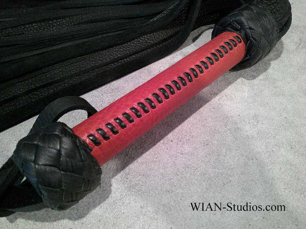 Black Buffalo Flogger, Red Laced Handle, Wider Handle