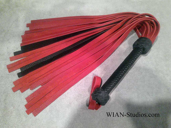 Red and Black Bullhide Flogger, Black Bullhide Laced Handle