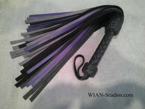 Black and Purple Cowhide Flogger, Medium, Heavy Sting