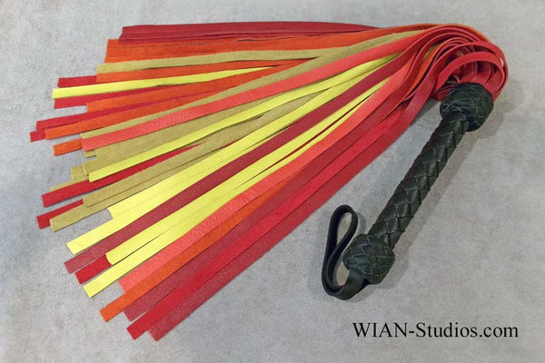 Red, Orange, Yellow Cowhide Flogger, the Warm End of the Rainbow